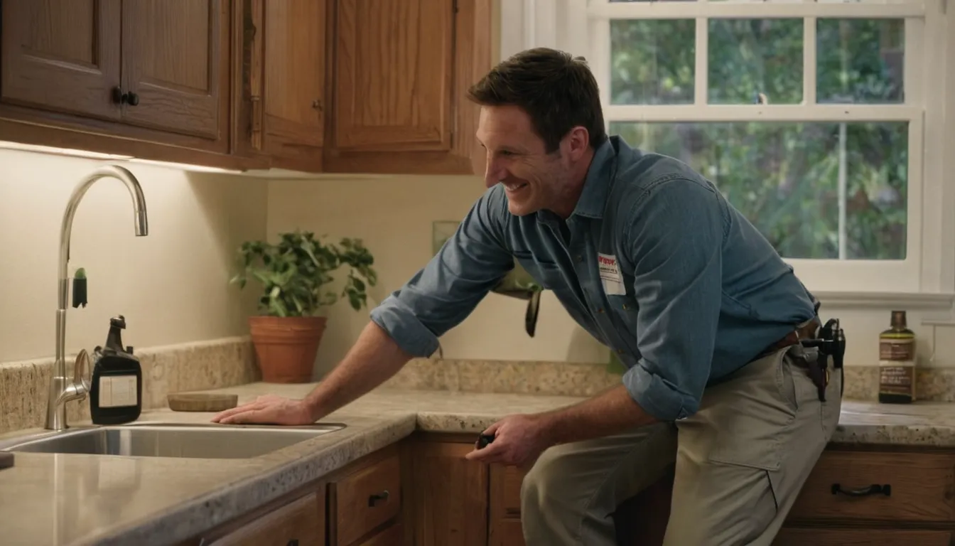 Friendly pest control provider inspecting a kitchen baseboard with a homeowner in a Forest Park home